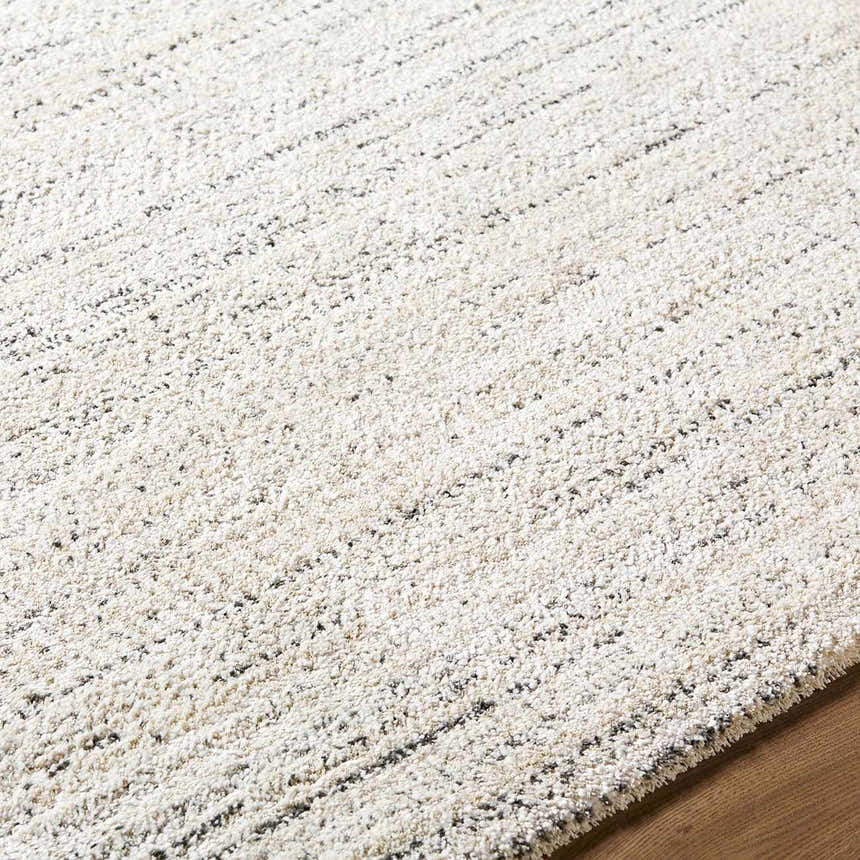 Close-up of the Sezja Beige Luxe Area Rug, showing its textured pile and subtle beige, cream, and black striations. Texture