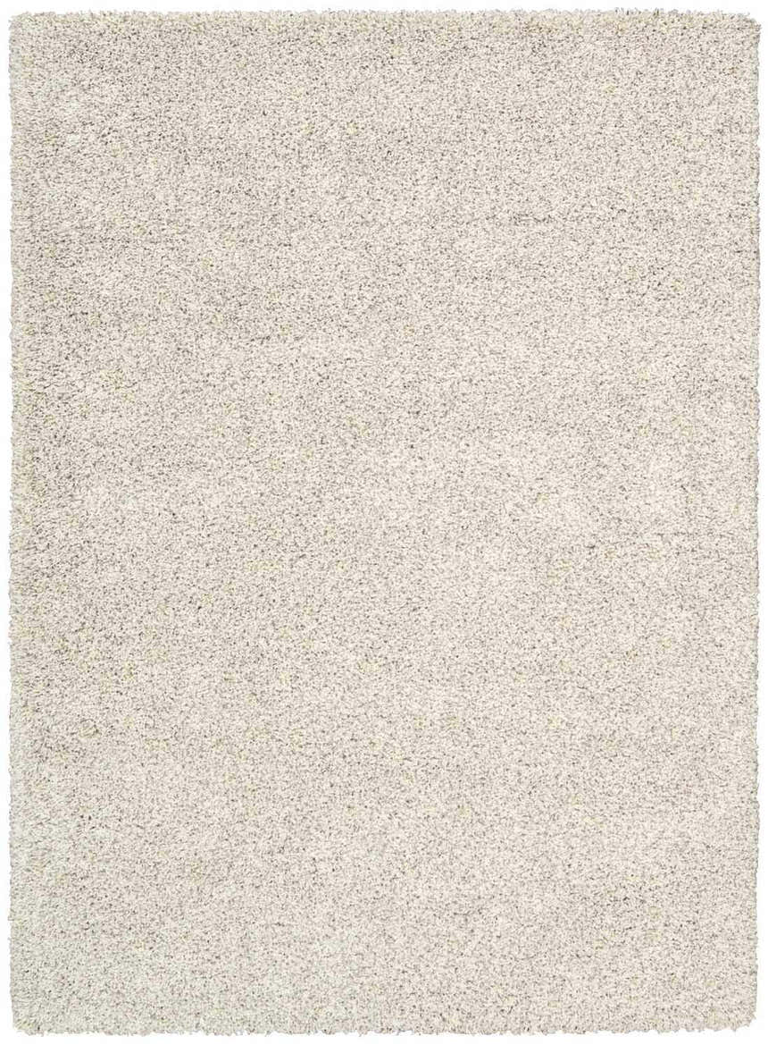 Close-up of the plush, beige Nourison Amore Bone Shag rug. Soft, textured shag design. Rectangle shape.