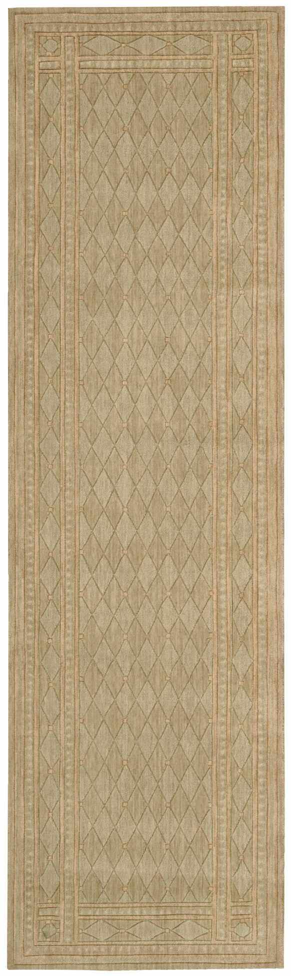 Cosmopolitan Pistachio Persian runner rug with olive and tan diamond pattern and detailed border.