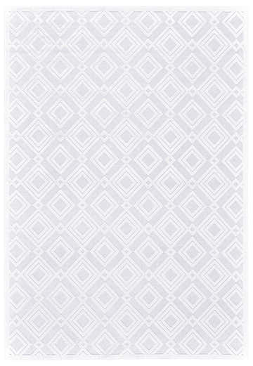 Close-up of the Feizy Saphir Mira white area rug featuring a modern geometric interlocking diamond pattern. Design-Rectangle