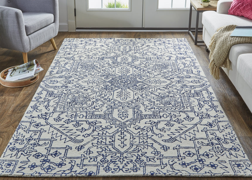 Feizy Belfort Transitional Medallion - Ivory/Blue Area Rug - Clearance