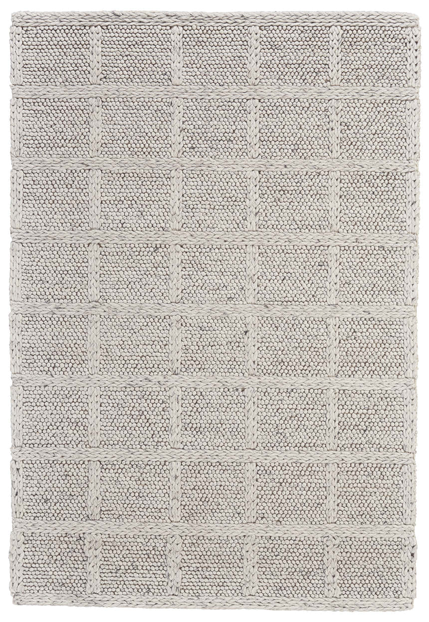Close-up of Feizy Berkeley rug. Hand-woven wool rug with interlocking checkered texture in ivory and gray. Design-Rectangle