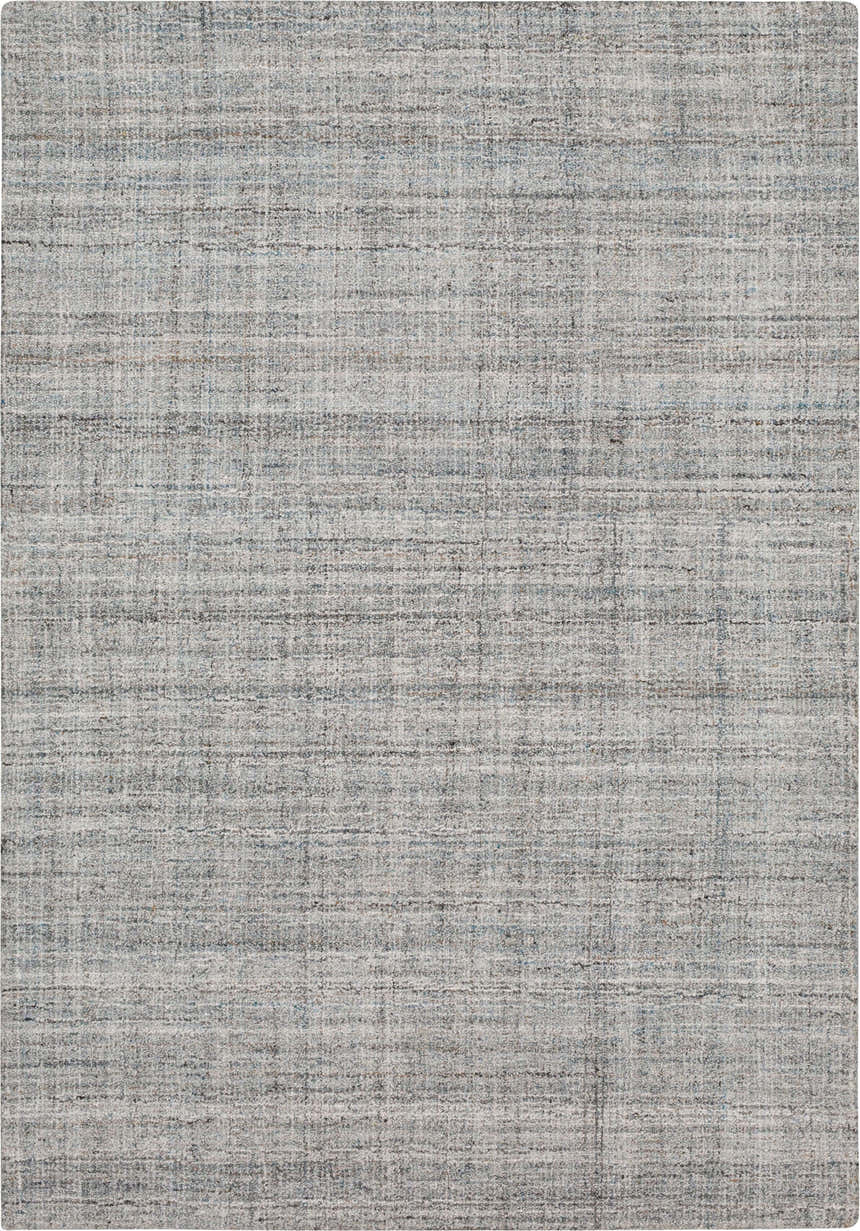 Close-up of the Karastan Haberdasher Silver Area Rug. Features gray, ivory, and blue tones with a subtle linear pattern. Design-Rectangle