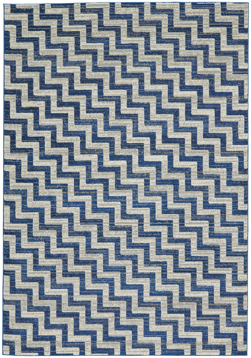 Feizy Brixton Modern Chevron area rug featuring a geometric zigzag pattern in blue, ivory, and gray. Design-Rectangle