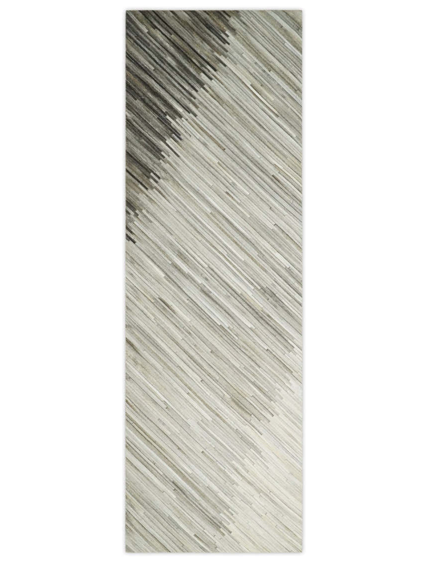 Hairon Leather Stripe Design Handmade Gray and Silver Area Rug, Hand Stitched Genuine Leather Rug