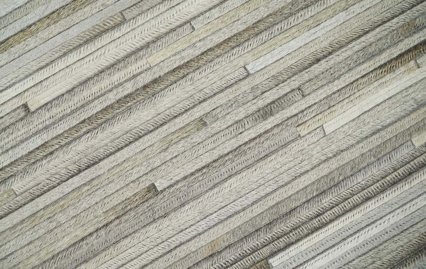 Hairon Leather Stripe Design Handmade Gray and Silver Area Rug, Hand Stitched Genuine Leather Rug