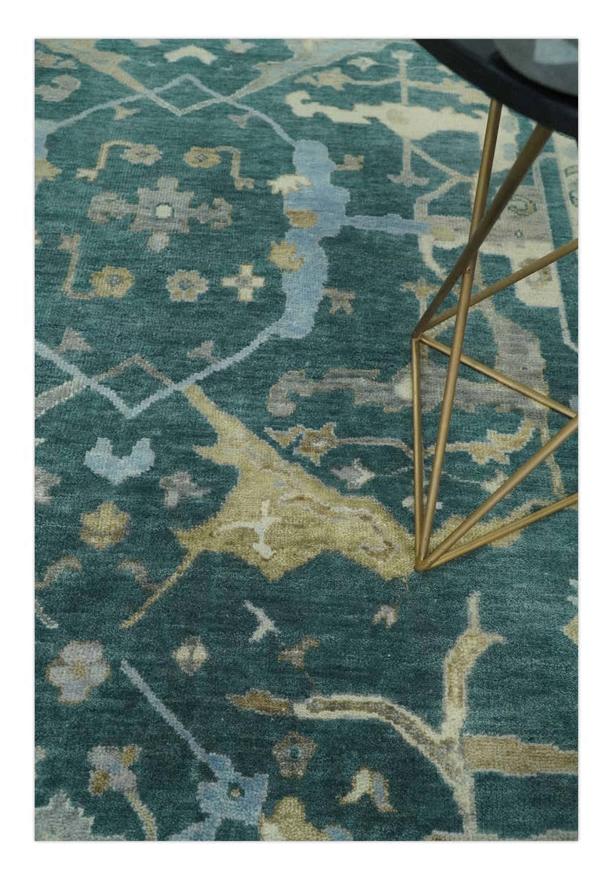 Hand Knotted Oriental Oushak Teal and Beige Multi Size Wool Area Rug