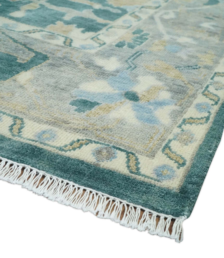 Hand Knotted Oriental Oushak Teal and Beige Multi Size Wool Area Rug