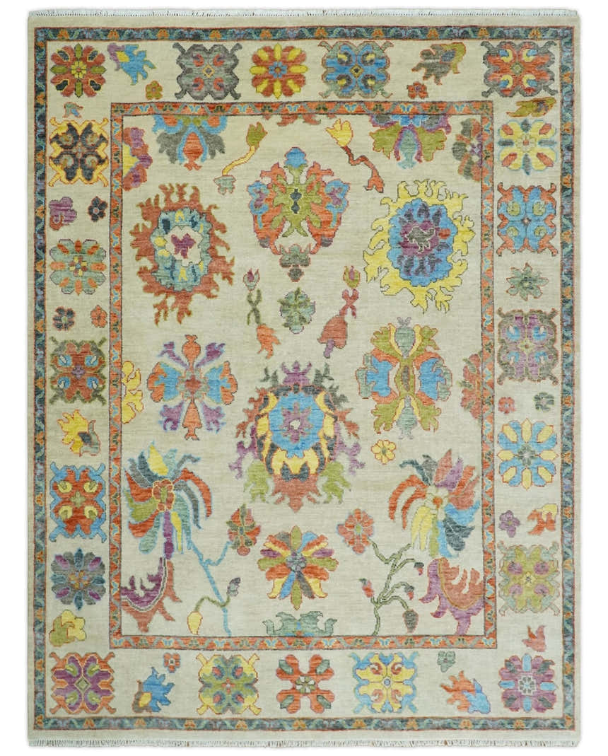 Vibrant colorful Beige And Rust Hand Knotted Traditional Oushak wool Area Rug
