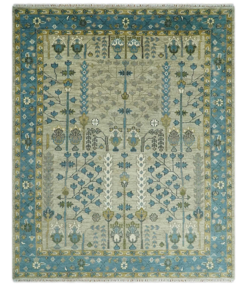 Tree of life Hand Knotted Traditional Beige and Blue Vintage Style Custom Made Wool Area Rug