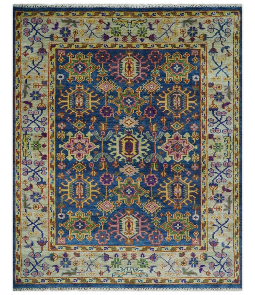 Hand Knotted Blue and Beige Persian Oushak Wool Rug