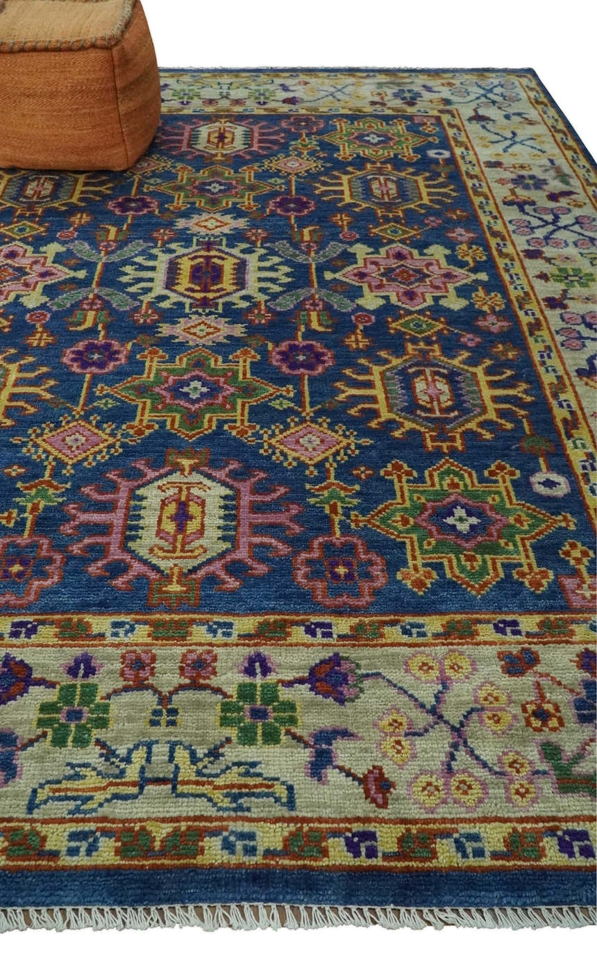 Hand Knotted Blue and Beige Persian Oushak Wool Rug