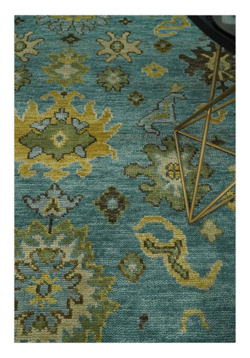 Hand Knotted Teal and Gold Traditional Oushak Multi Size Wool Area Rug
