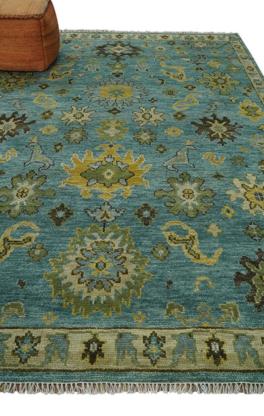 Hand Knotted Teal and Gold Traditional Oushak Multi Size Wool Area Rug