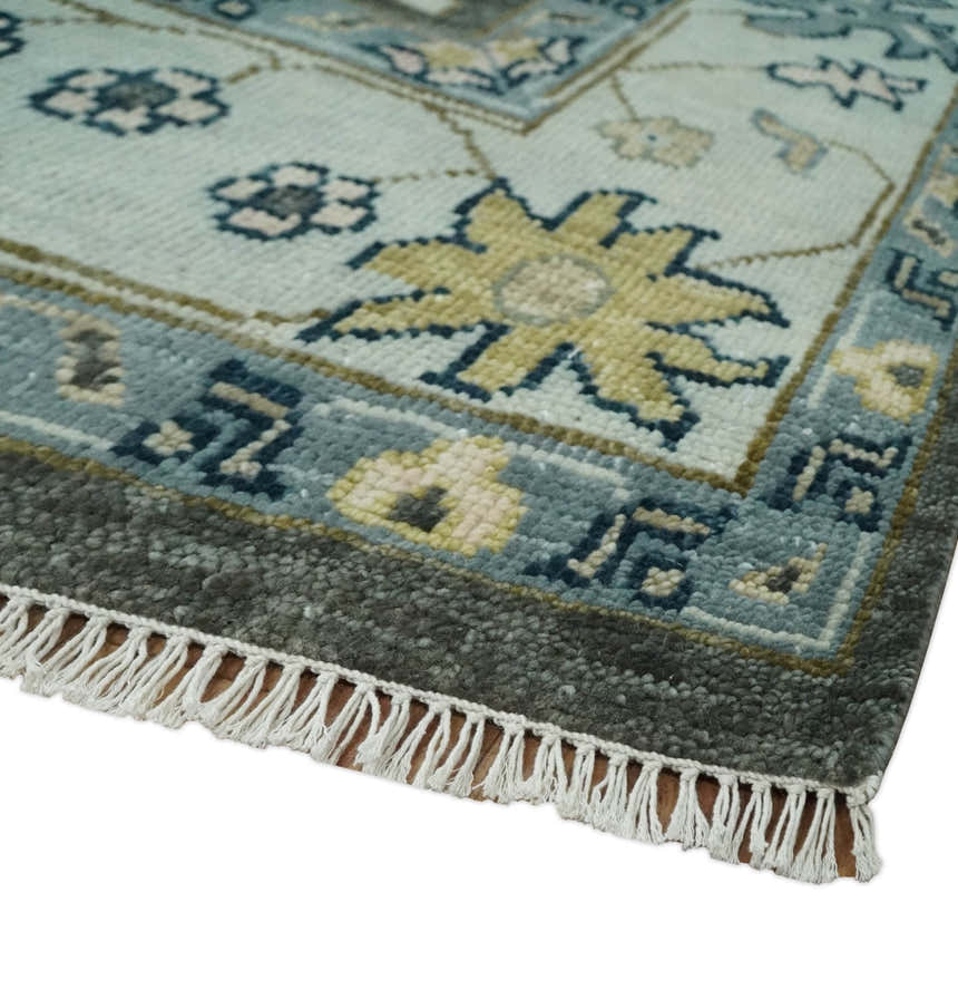 Custom Made Hand Knotted Charcoal and Ivory Traditional Oushak Wool Area Rug
