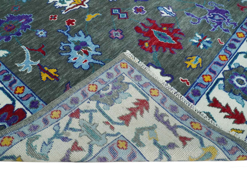 Hand Knotted Charcoal and Ivory Traditional Persian Oushak Wool Rug