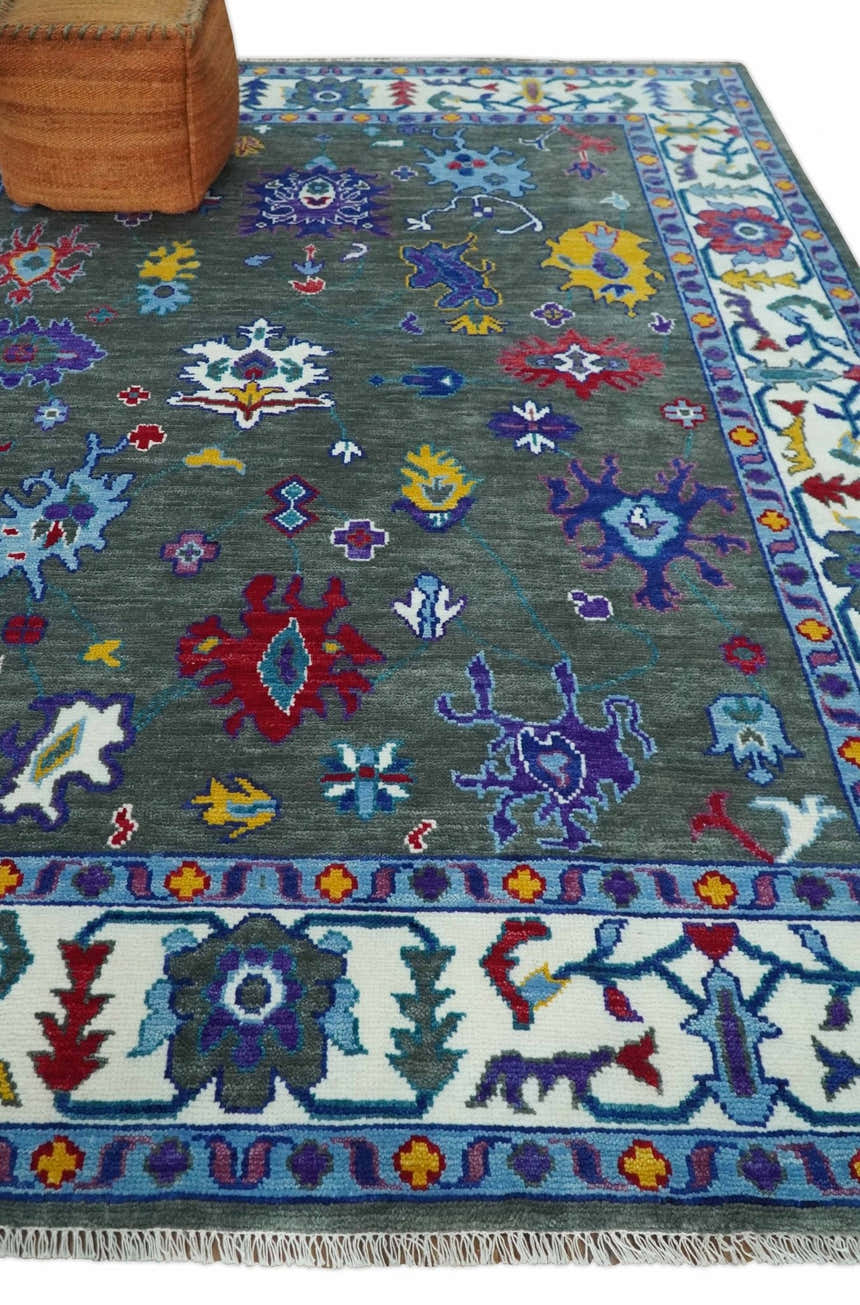 Hand Knotted Charcoal and Ivory Traditional Persian Oushak Wool Rug