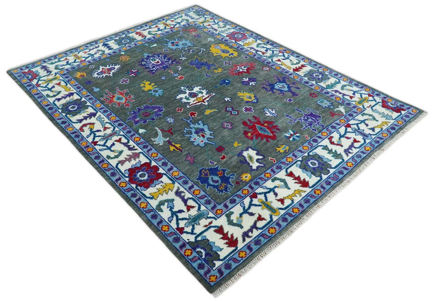 Hand Knotted Charcoal and Ivory Traditional Persian Oushak Wool Rug