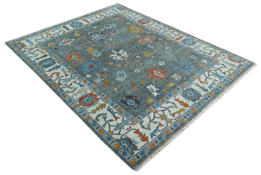 Hand Knotted Charcoal And Ivory Traditional Oushak Wool Area Rug