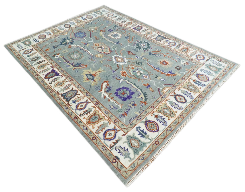 Hand Knotted Gray and Ivory Traditional Oriental Oushak Wool Area Rug