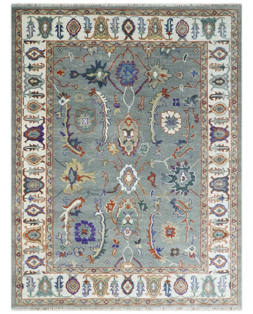 Hand Knotted Gray and Ivory Traditional Oriental Oushak Wool Area Rug