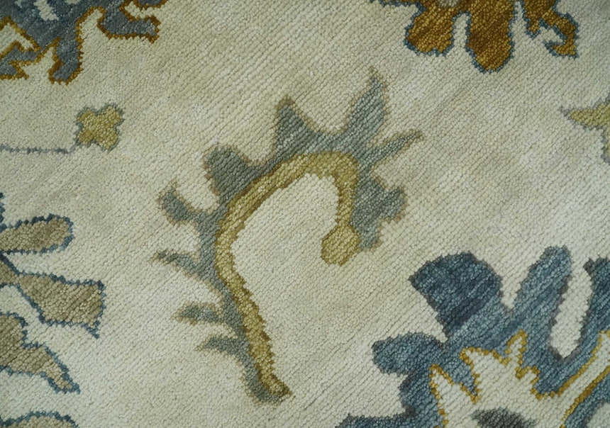 Hand Knotted Ivory, Blue and Brown Traditional Persian Oushak Wool Rug | TRDCP910