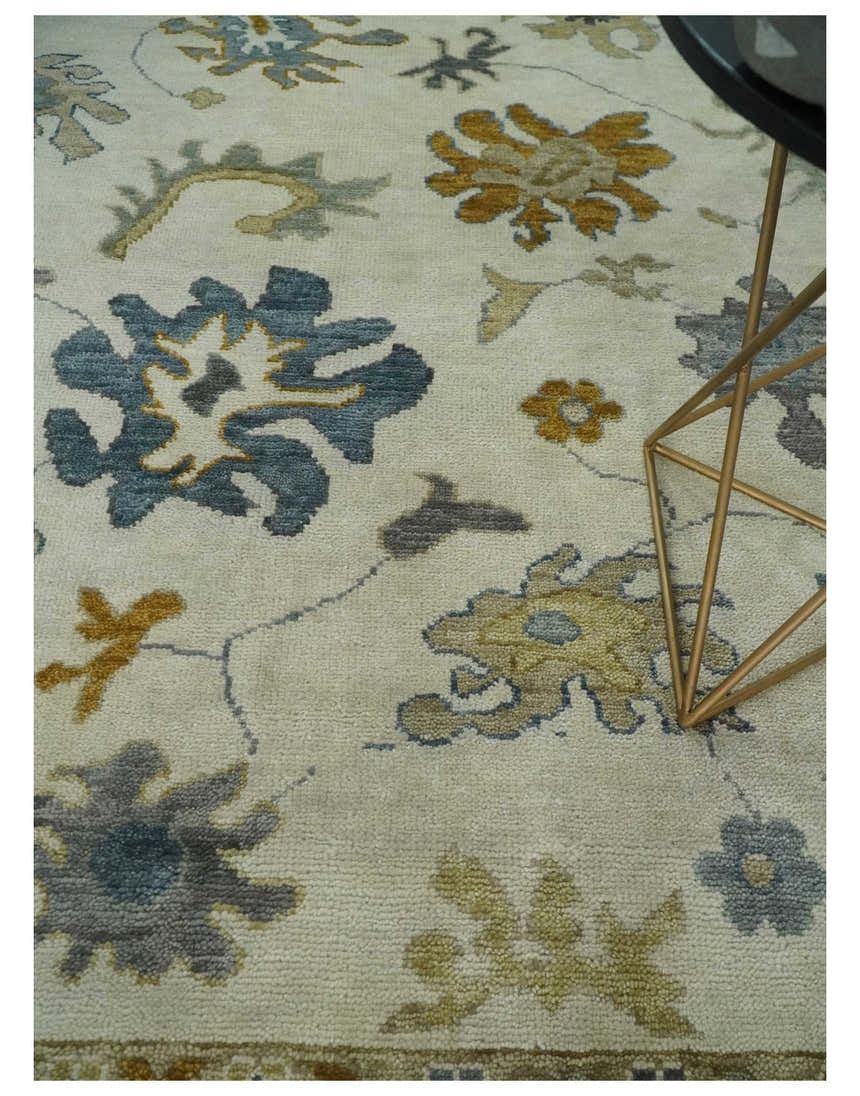 Hand Knotted Ivory, Blue and Brown Traditional Persian Oushak Wool Rug | TRDCP910