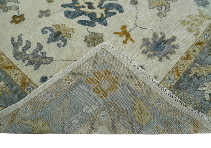 Hand Knotted Ivory, Blue and Brown Traditional Persian Oushak Wool Rug | TRDCP910