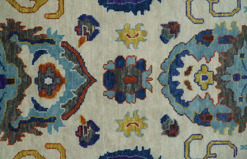 Hand Knotted Ivory, Charcoal and Blue Traditional Oushak Multi size Wool Area Rug