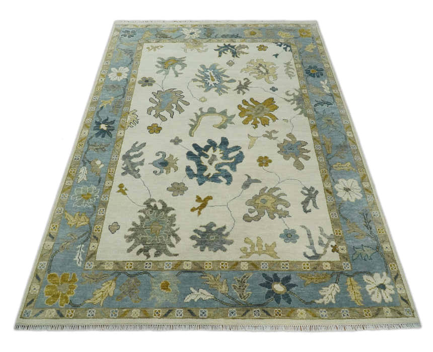 Hand Knotted Ivory, Silver and Blue Traditional Oushak Custom Made Wool Area Rug
