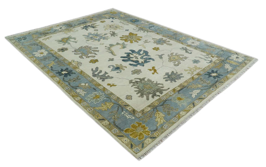 Hand Knotted Ivory, Silver and Blue Traditional Oushak Custom Made Wool Area Rug