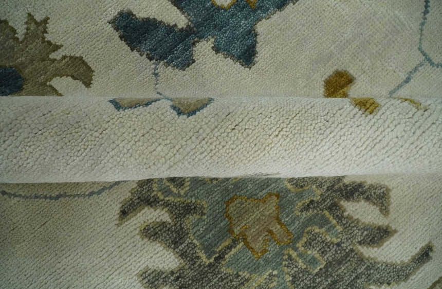 Hand Knotted Ivory, Silver and Blue Traditional Oushak Custom Made Wool Area Rug