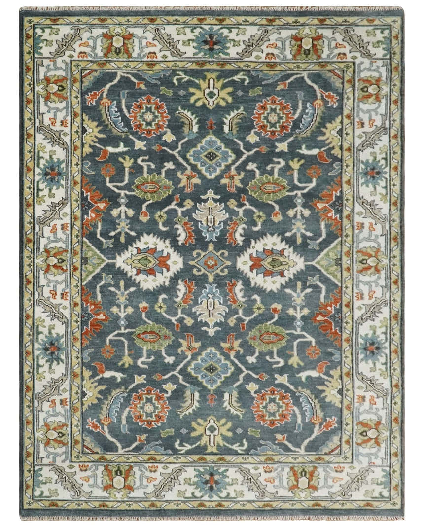 Custom Made Hand Knotted Teal, Blue and Ivory Traditional Oushak Wool Area Rug