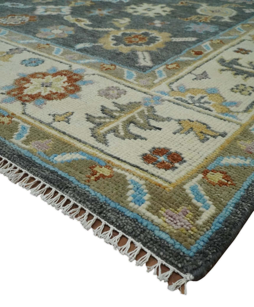 Hand Knotted Gray, Ivory and Olive Traditional Oushak Multi Size Wool Area Rug