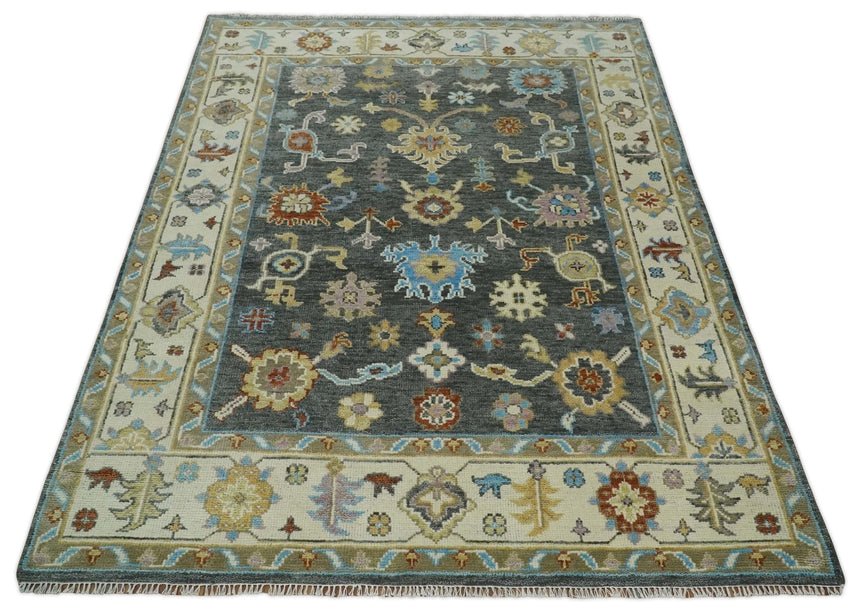 Hand Knotted Gray, Ivory and Olive Traditional Oushak Multi Size Wool Area Rug