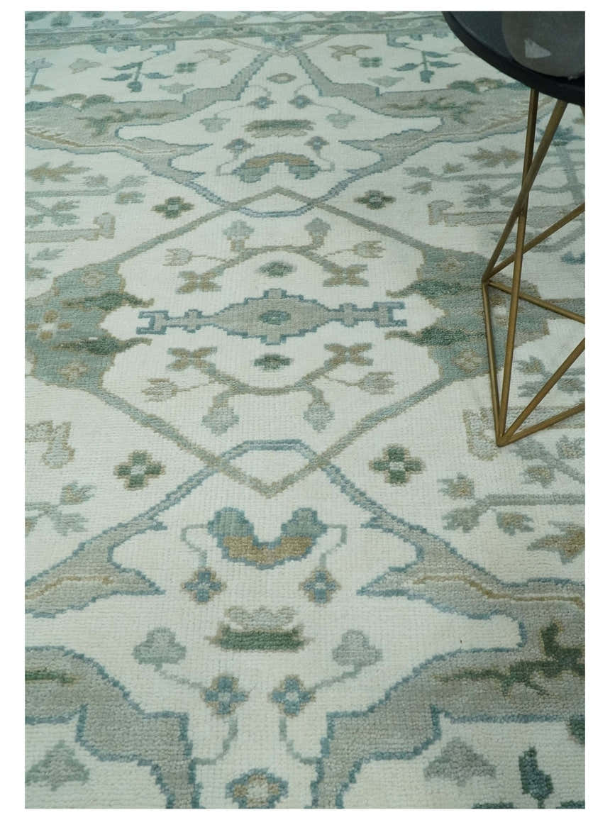 Custom Made Hand Knotted Oriental Oushak Ivory and Teal Wool Area Rug