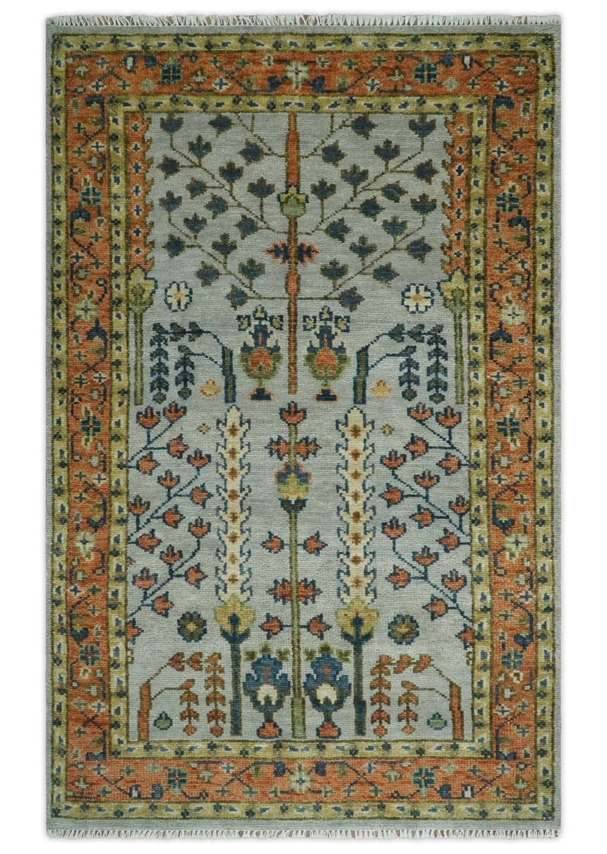 Hand Knotted Rust and Blue Traditional Turkish Vintage Multi Size Wool Rug