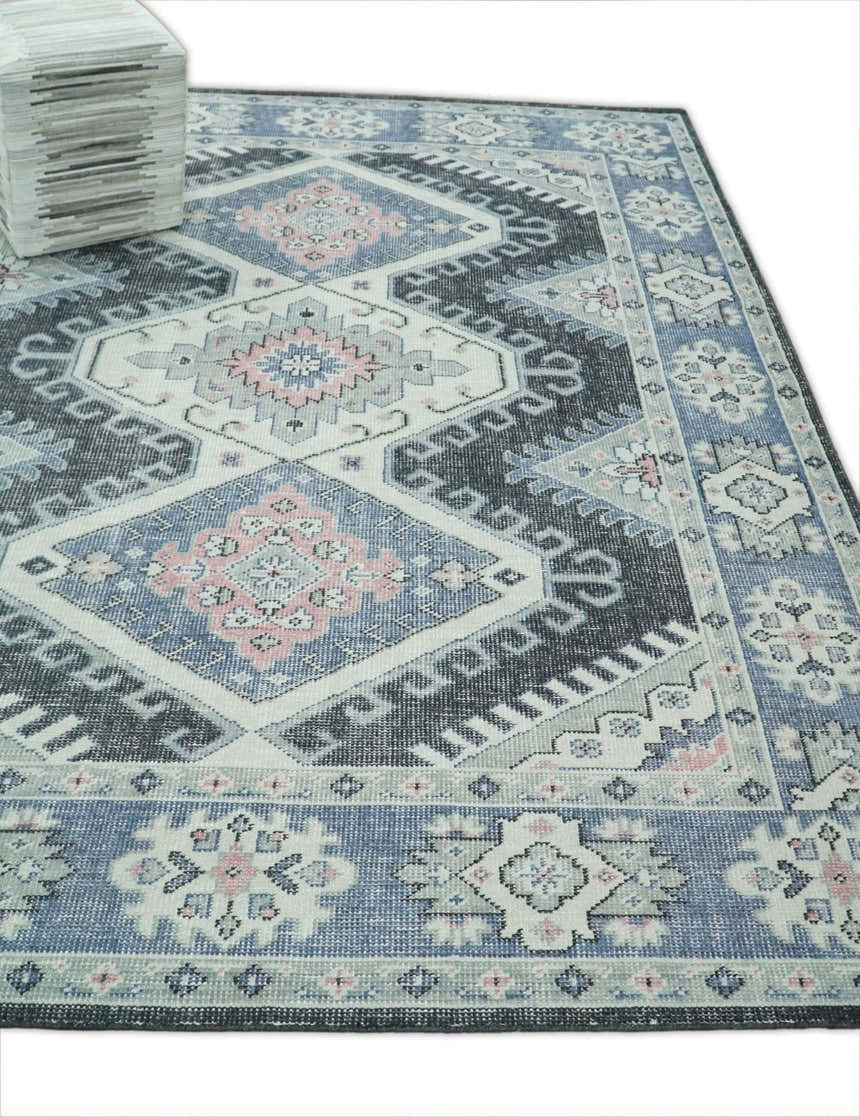 Custom Made Ivory, Charcoal, Silver and Blue Traditional Hand knotted wool Area Rug