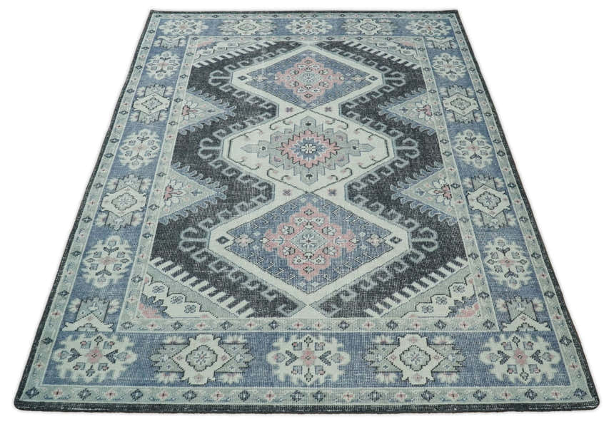 Custom Made Ivory, Charcoal, Silver and Blue Traditional Hand knotted wool Area Rug