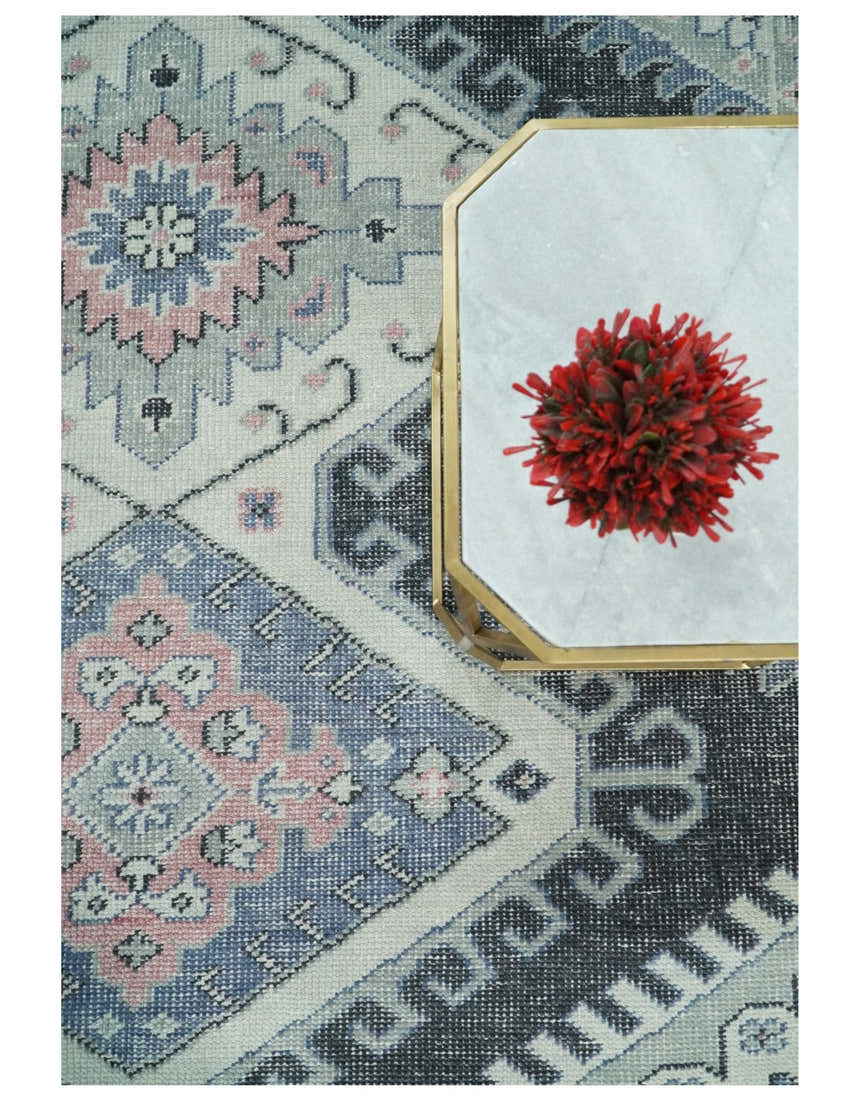 Custom Made Ivory, Charcoal, Silver and Blue Traditional Hand knotted wool Area Rug