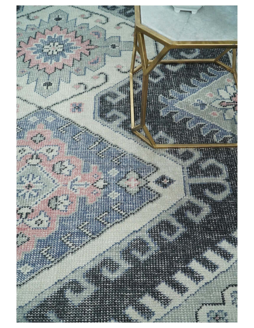Custom Made Ivory, Charcoal, Silver and Blue Traditional Hand knotted wool Area Rug