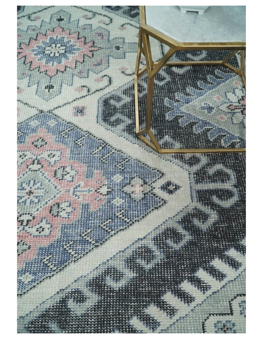 Custom Made Ivory, Charcoal, Silver and Blue Traditional Hand knotted wool Area Rug