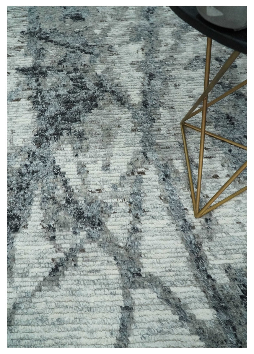 Hand Knotted Ivory, Black and Charcoal Modern Abstract Made with Blended Wool Multi Size Rug