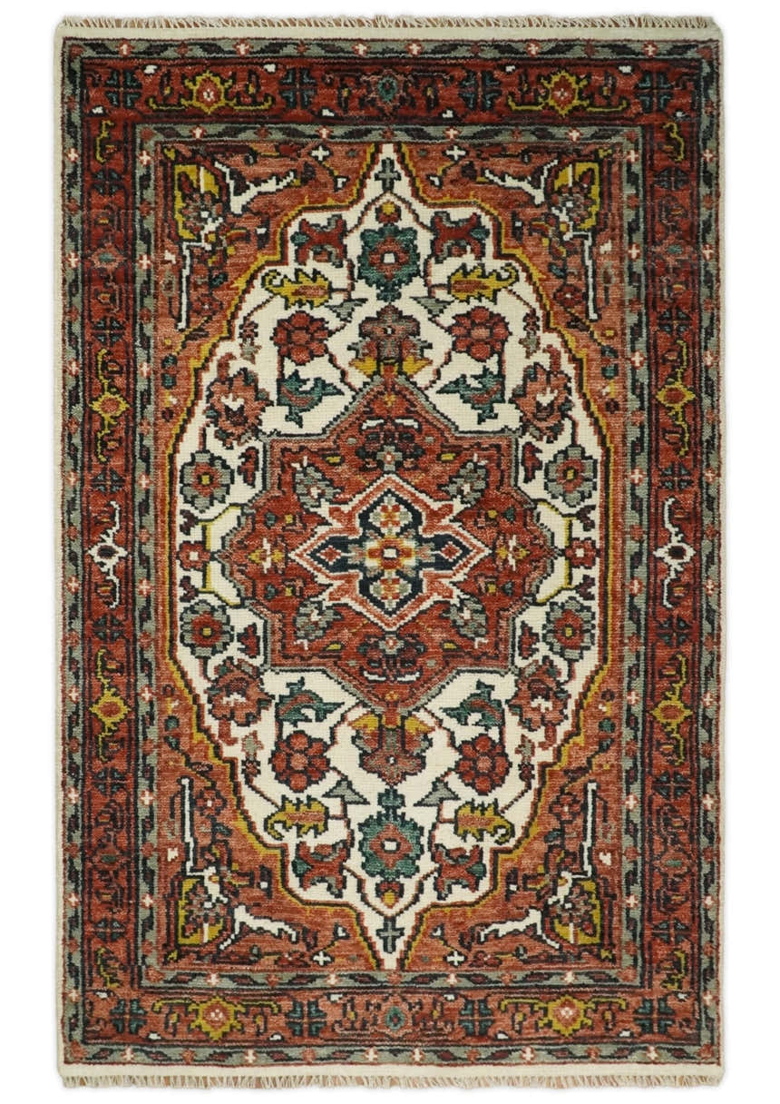Ivory and Rust Traditional Heriz Medallion Hand Knotted Multi Size wool Area Rug