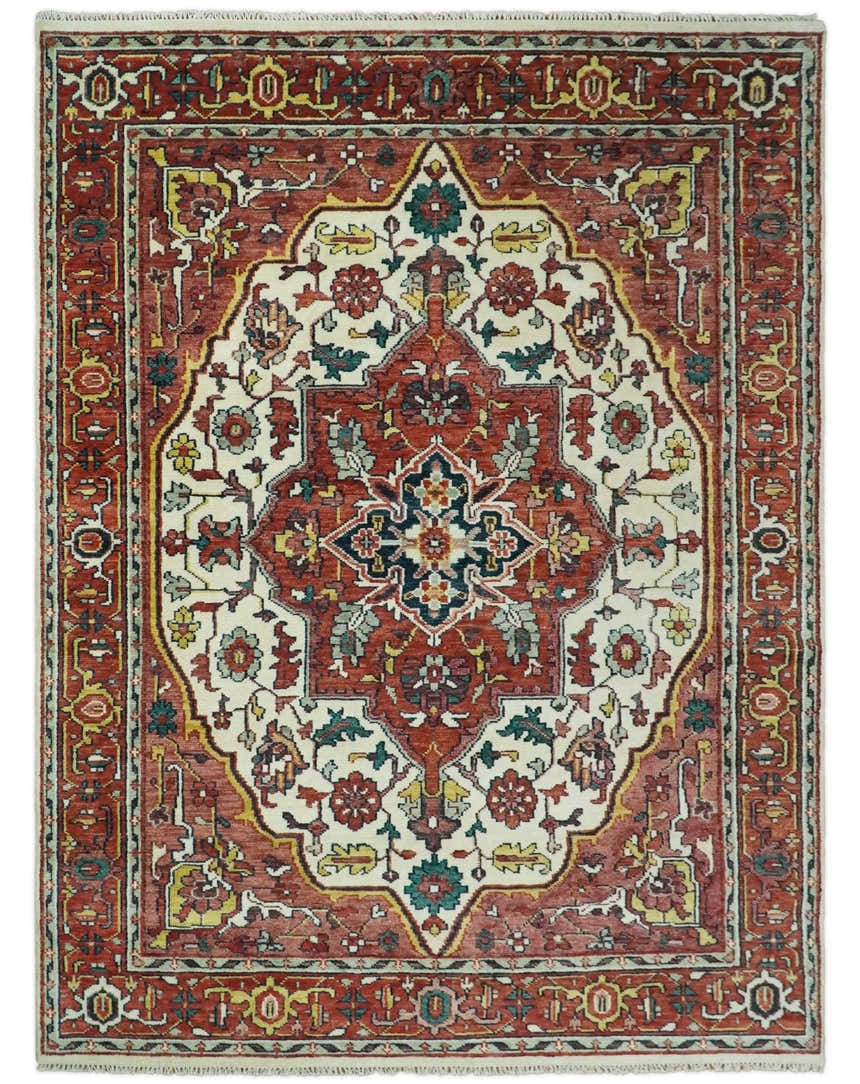 Ivory and Rust Traditional Heriz Medallion Hand Knotted Multi Size wool Area Rug