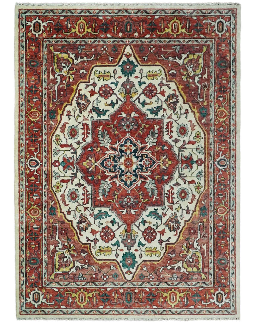 Ivory and Rust Traditional Heriz Medallion Hand Knotted Multi Size wool Area Rug