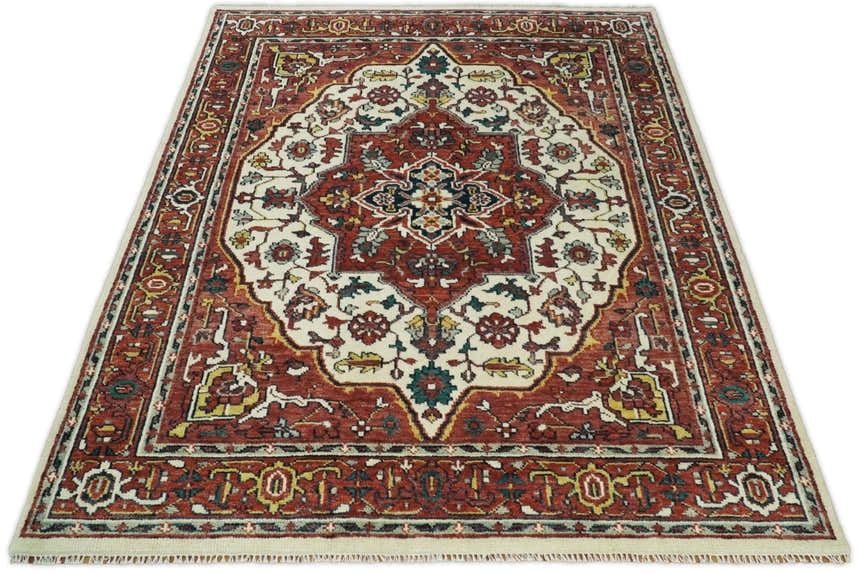 Ivory and Rust Traditional Heriz Medallion Hand Knotted Multi Size wool Area Rug