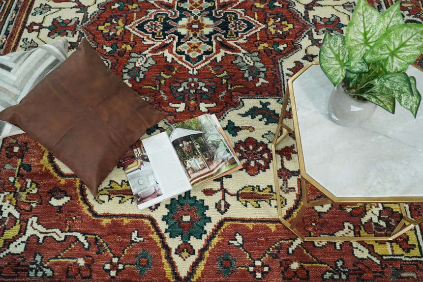 Ivory and Rust Traditional Heriz Medallion Hand Knotted Multi Size wool Area Rug