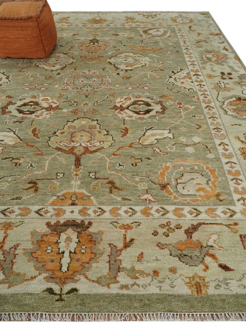 Hand Knotted Antique Olive and Ivory Traditional Persian Vintage Oushak Wool Rug | TRDCP707