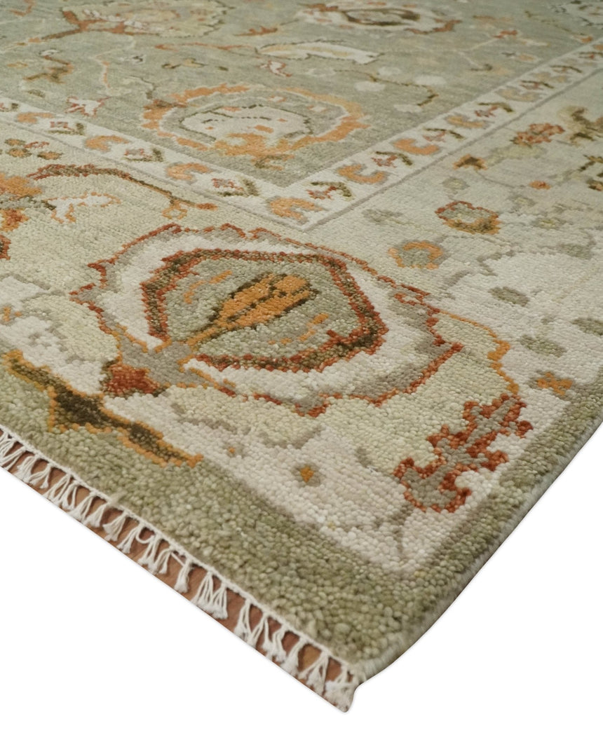 Hand Knotted Antique Olive and Ivory Traditional Persian Vintage Oushak Wool Rug | TRDCP707